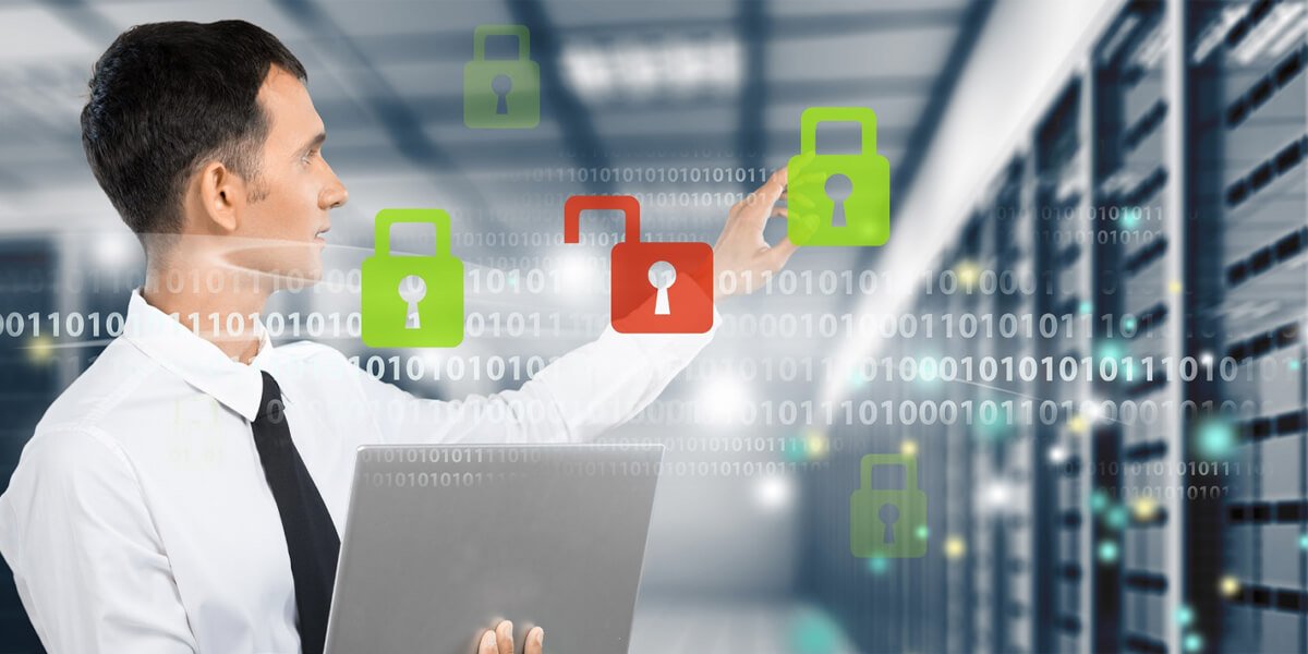 Professional man gestures towards server