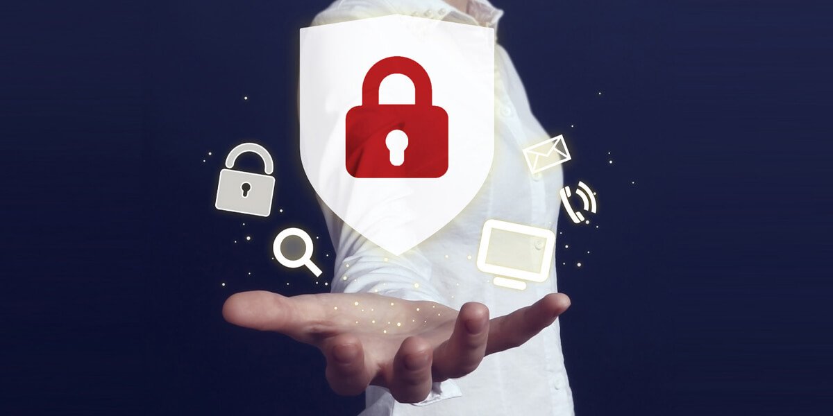 Padlock held by a person with various security symbols on it