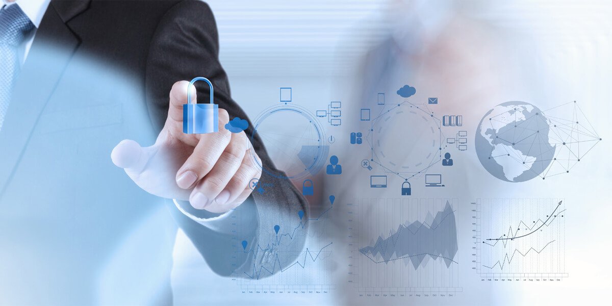 A man in a suit interacting with a padlock featuring various icons