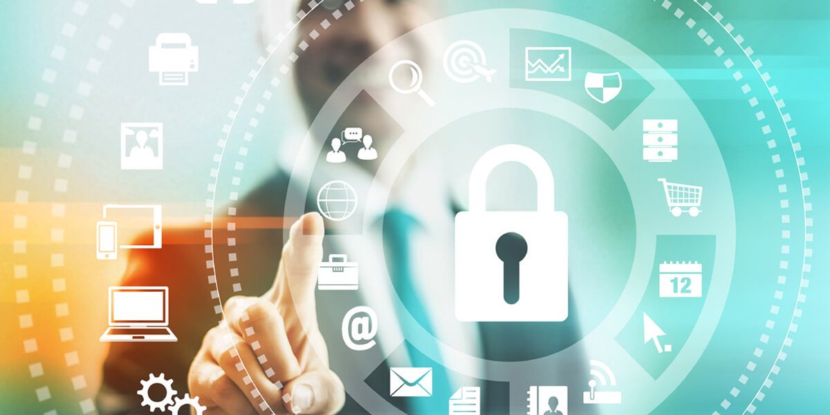 A padlock with icons being held by a businessman