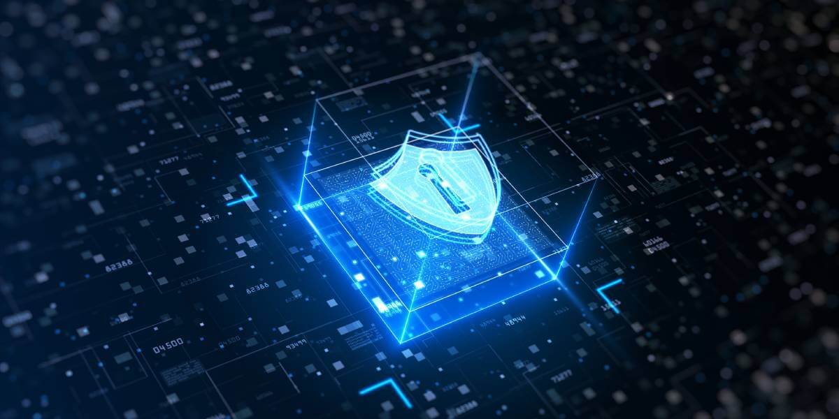 Blue computer screen with a shield symbol